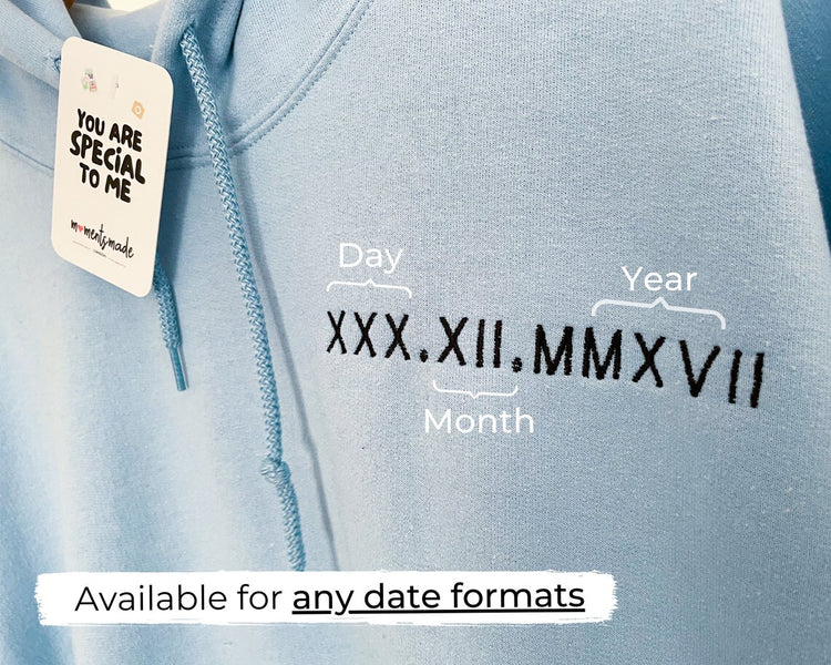 Roman Numeral Dates Embroidered Hoodies & Sweatshirts